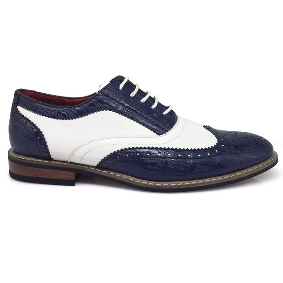 New Men Dress Shoes Wingtip Oxford 2-tone Leather Lined Lace Up Dress Tuxedo Blu